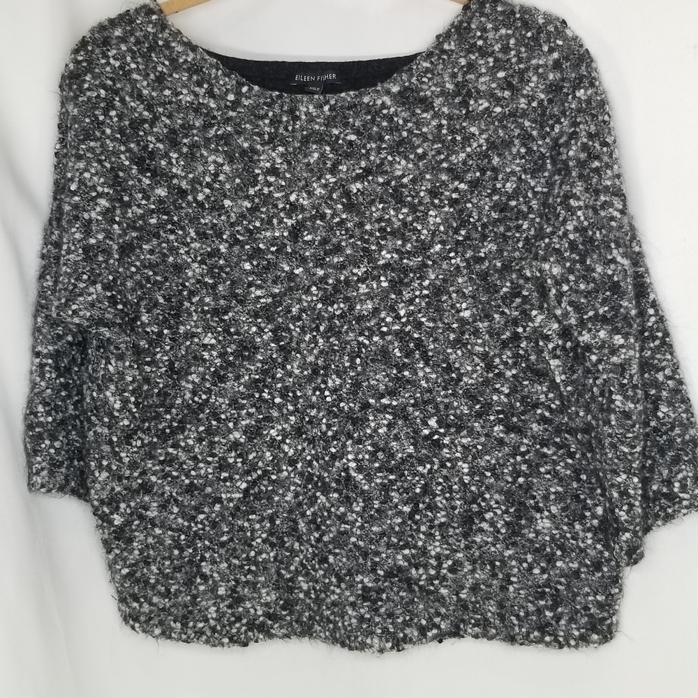 Eileen Fisher Black white Boucle Knit Solid Black Back‎ 3/4 Sleeve Sweater Sz L